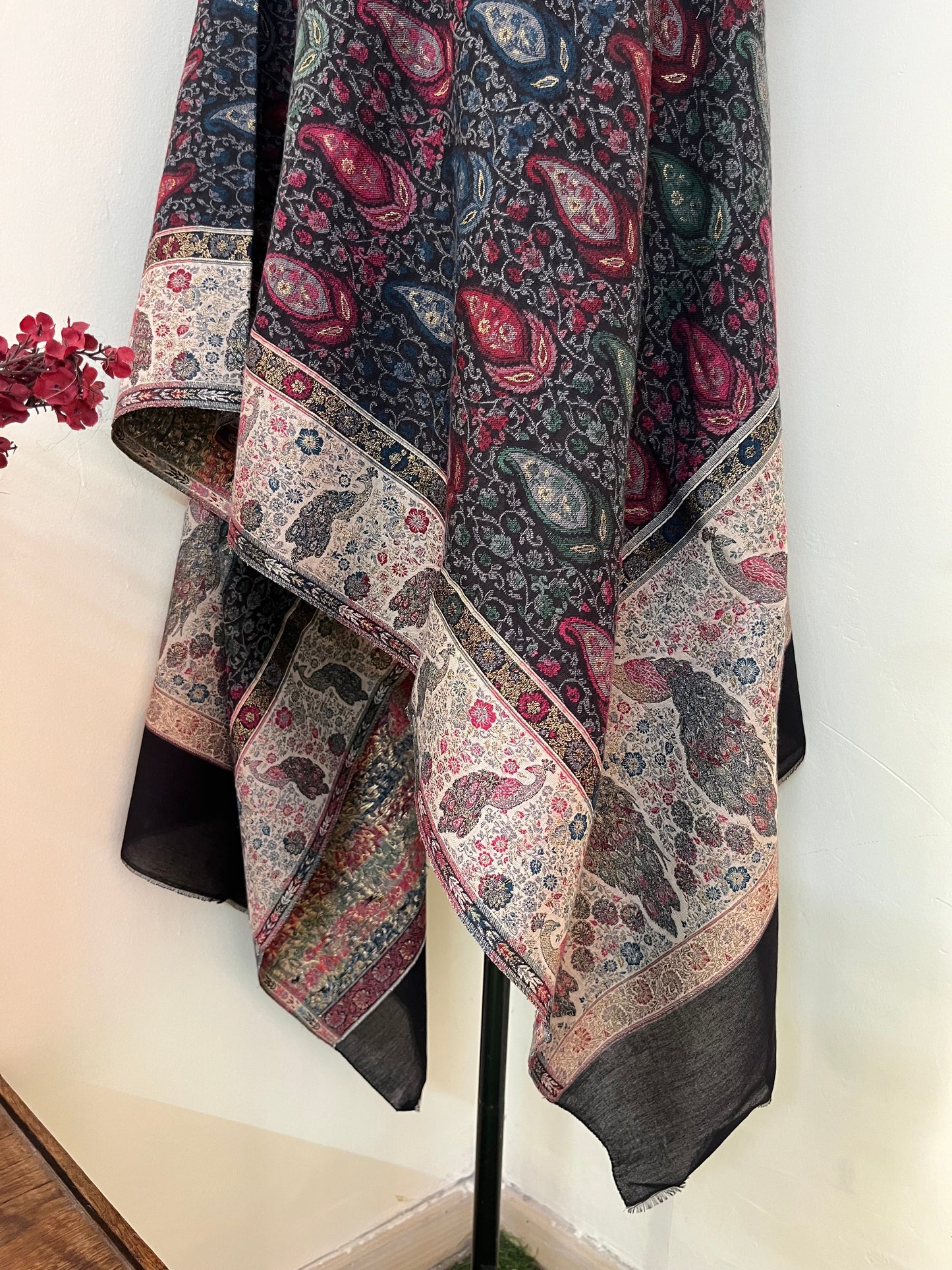 Black Peacock Kani Fine Semi Pashmina stole