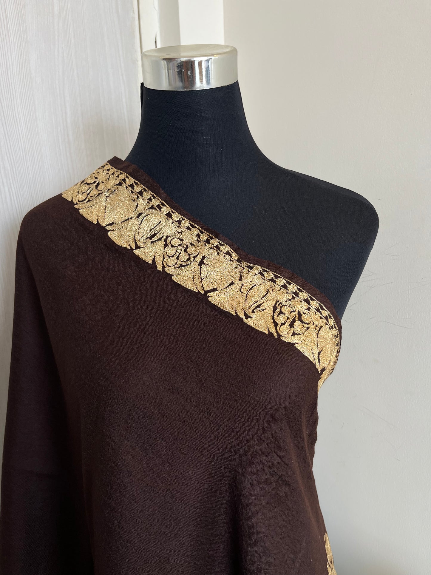 Coffee Brown Fine Semi Pashmina Tilla Embroidered stole