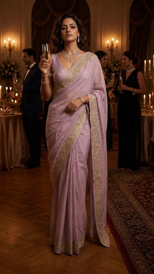 Soft Purple Crape Kashmiri Tilla Saree