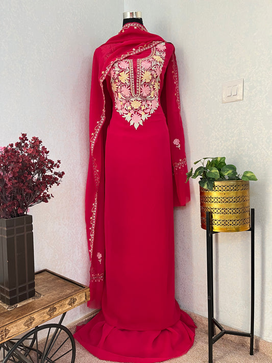 Hot Pink Georgette 3 Pc Aari Embroidered Suit Set