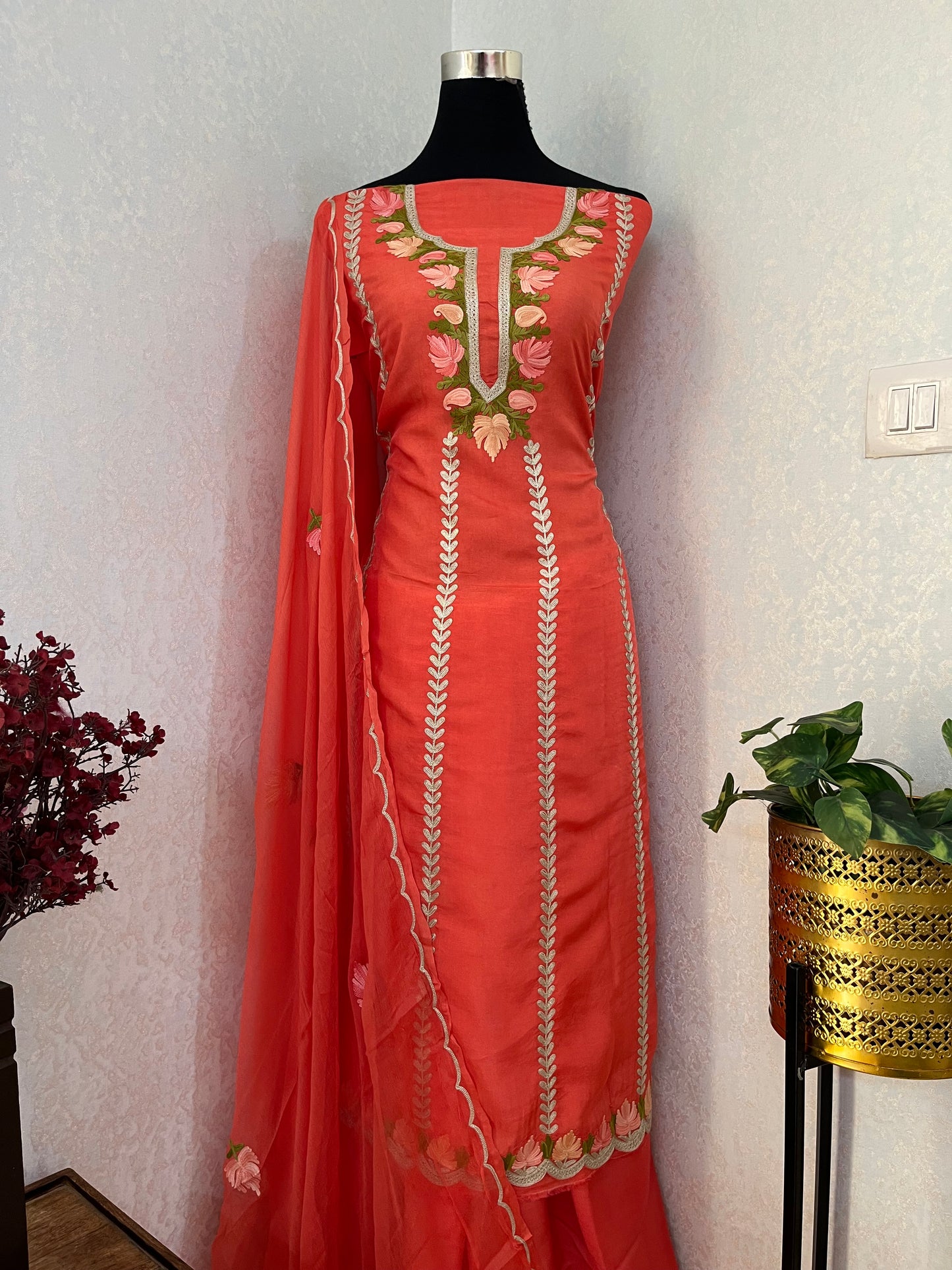 Sanam’ Orange Silk Aari Embroidered Suit material