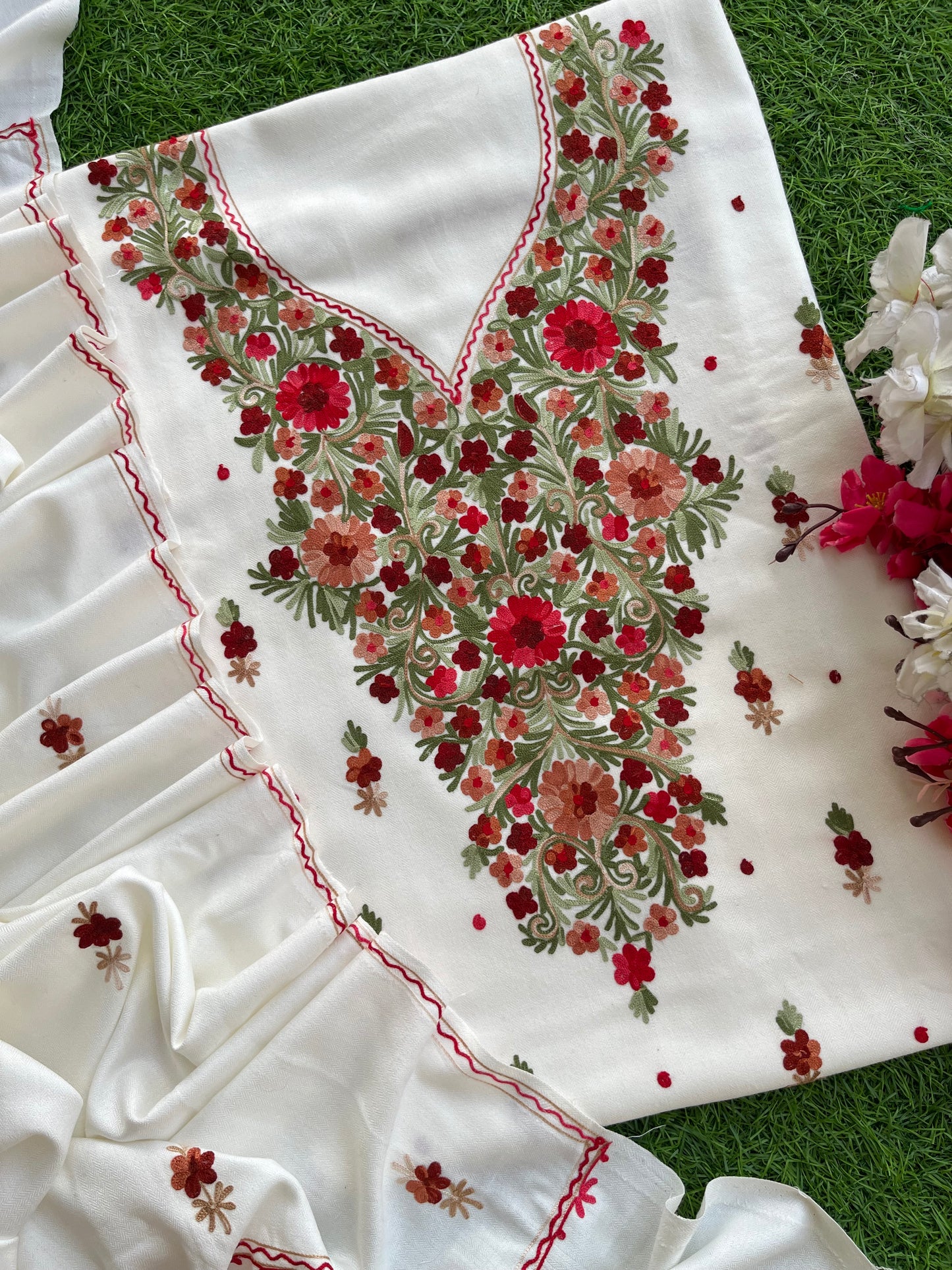 Off White Woollen Aari Embroidered 3pc suit