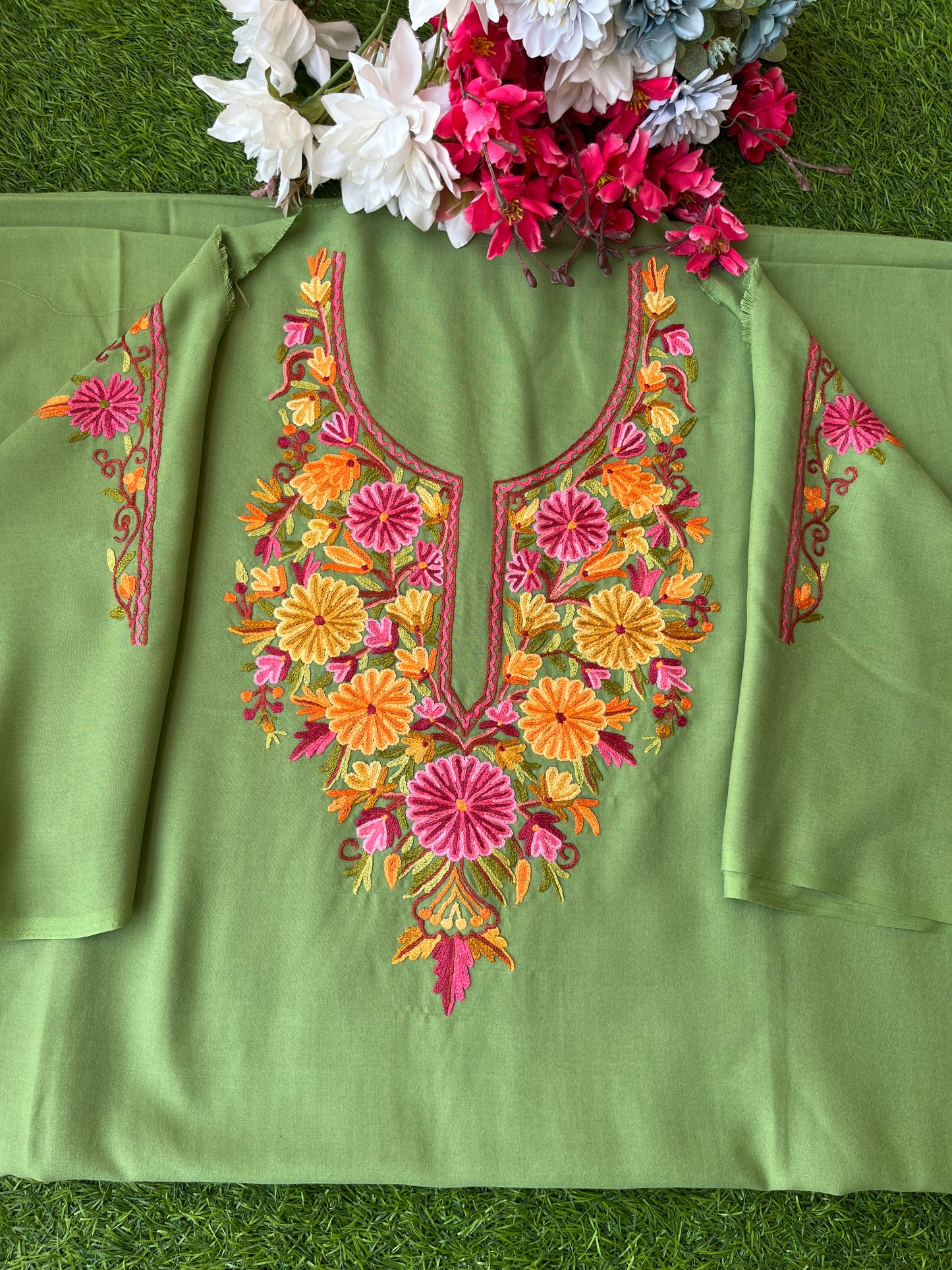 Green Cotton Two Piece Suit (Hand Embroidered)