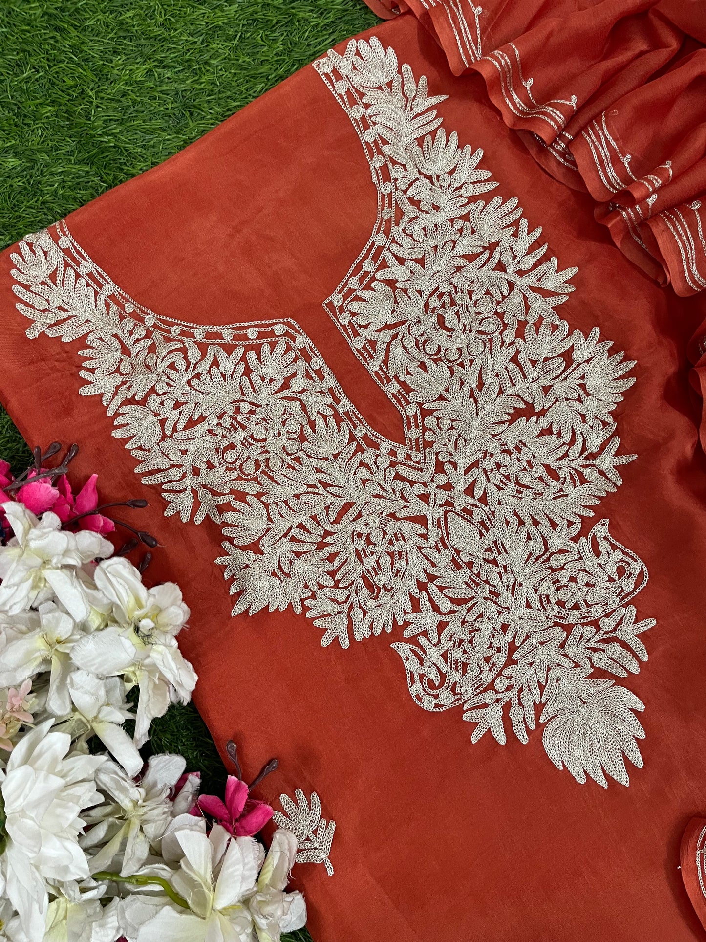 Soft Orange Silk Tilla Kashmiri Suit