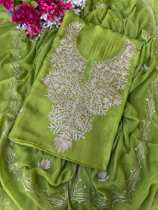 Lawn Green Silk Tilla Kashmiri Suit