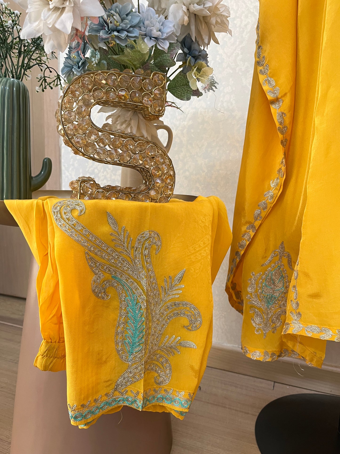 Yellow Crape Front Back Kashmiri Kaftan Set