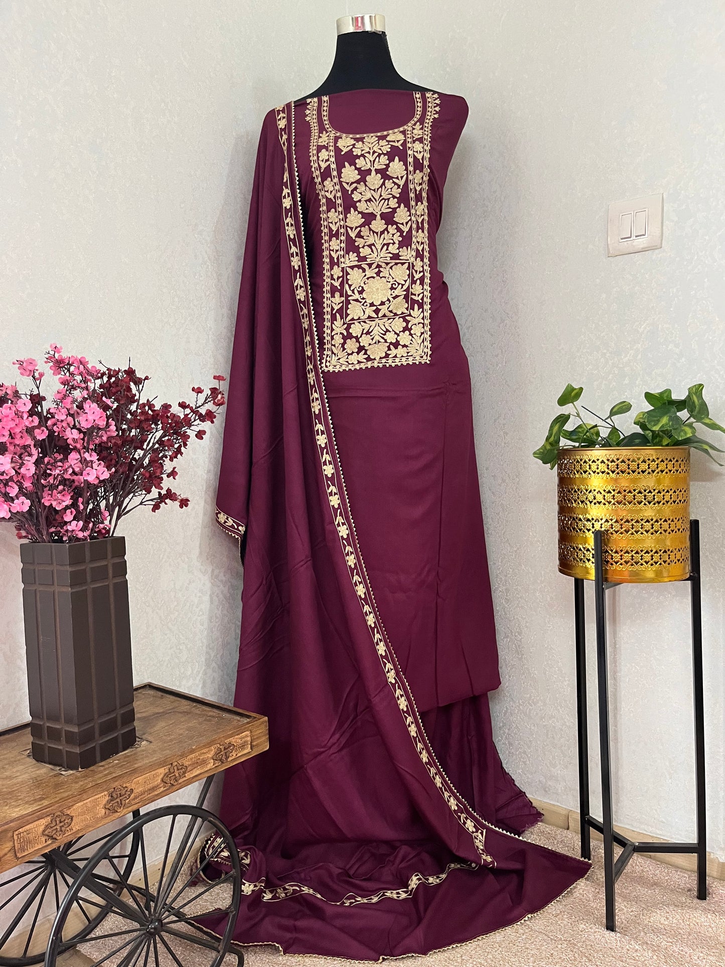 Wine Silk Pashmina Kashmiri Suit