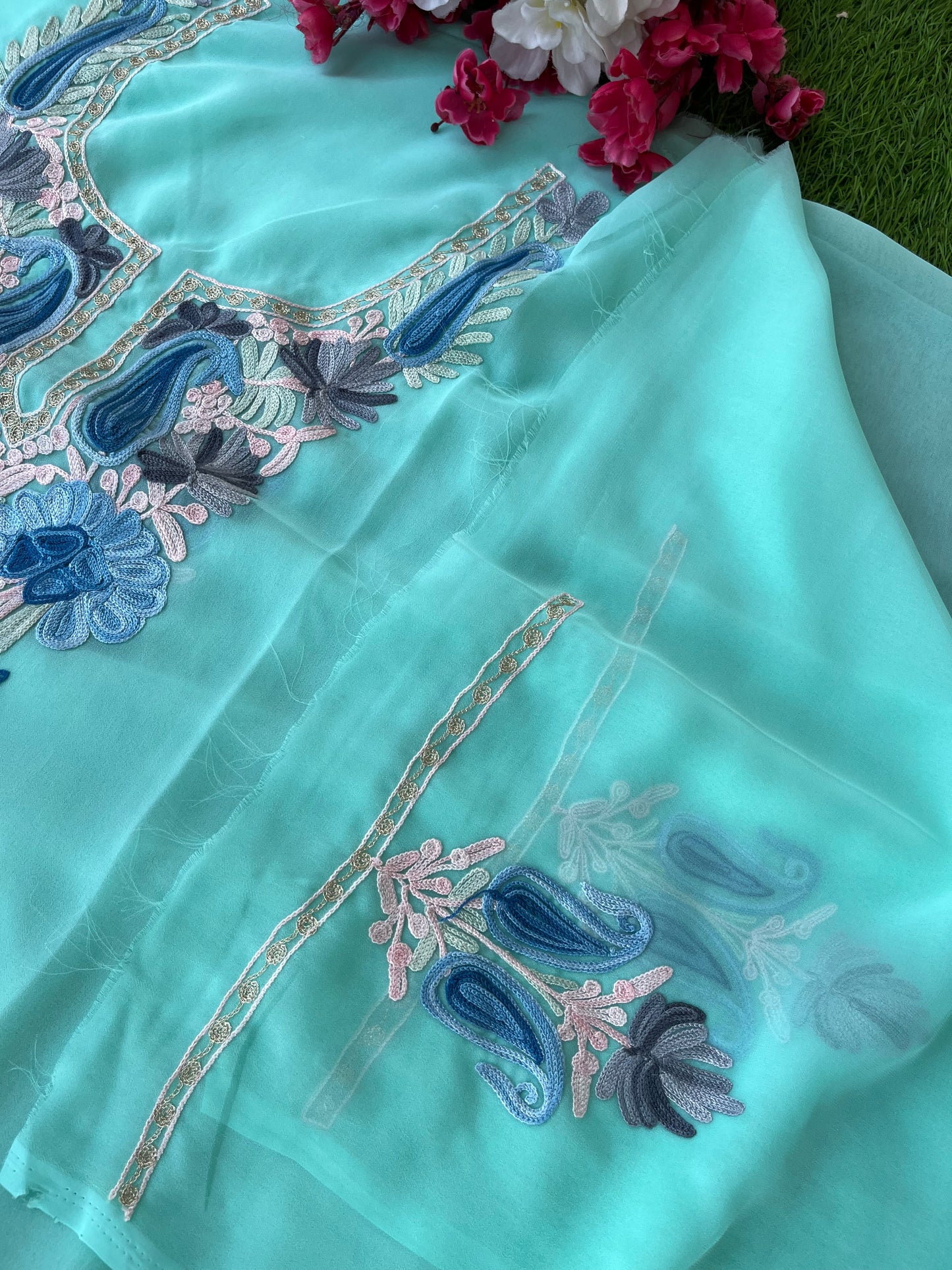 Sky Blue Georgette Aari Embroidered Unstitched Kurta Material