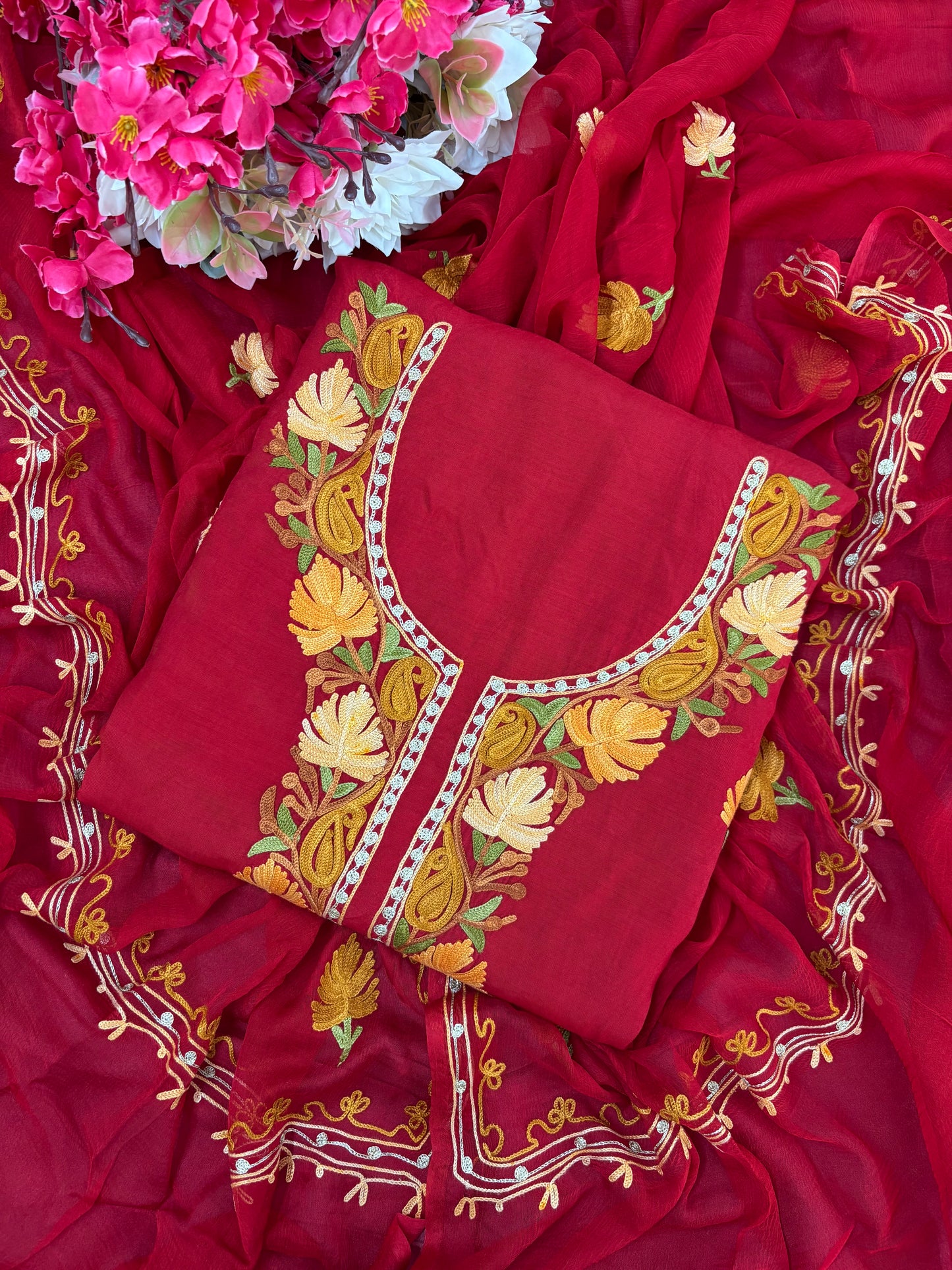Red Muslin Cotton Jaal Sleeves Kashmiri 3pc Suit