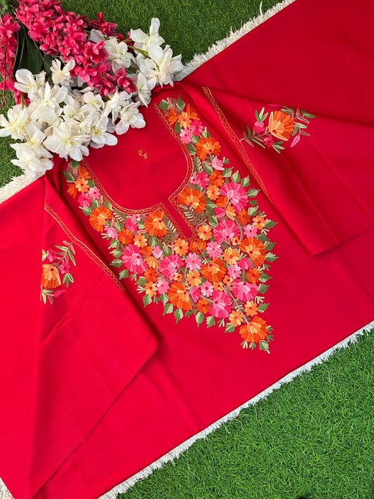 Red Woollen Aari Embroidered 2pc suit 5mtr