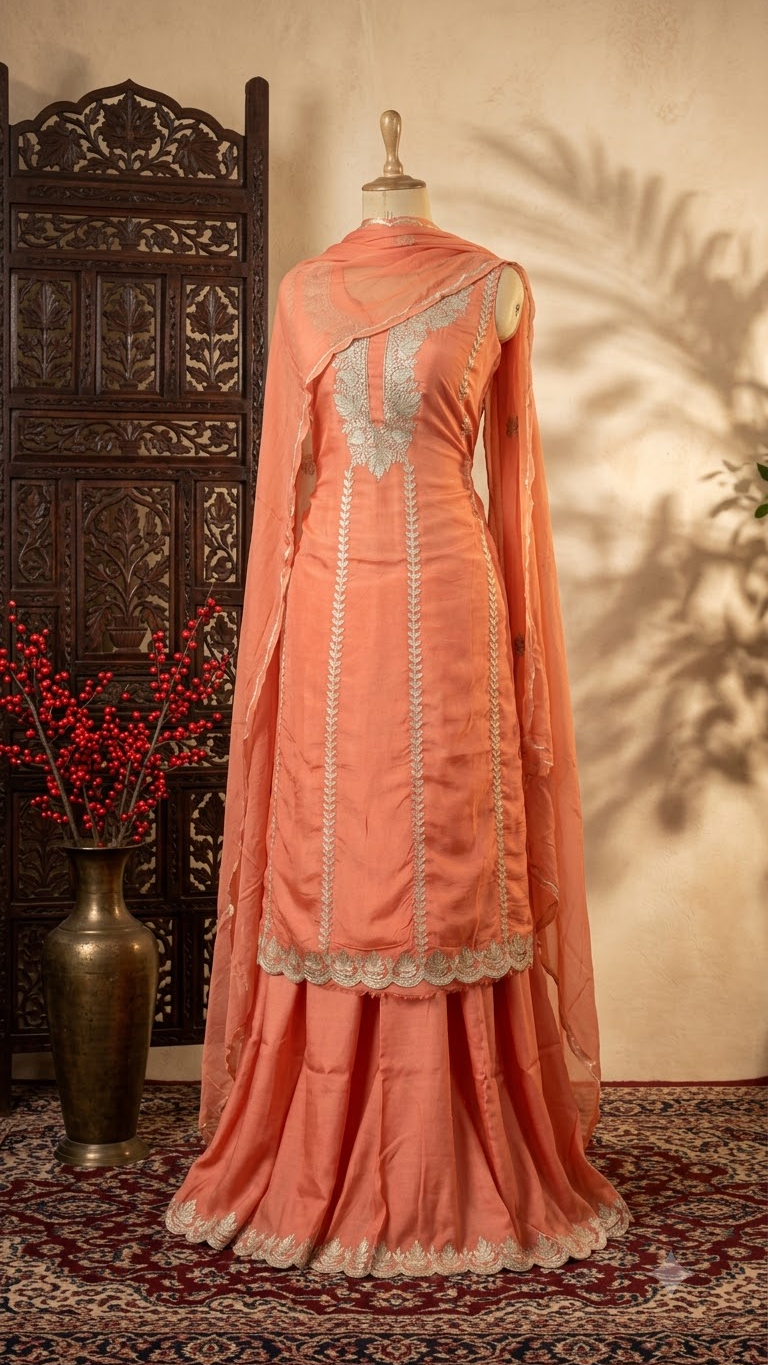 Sanam’ Peach Silk Tilla Embroidered Suit material
