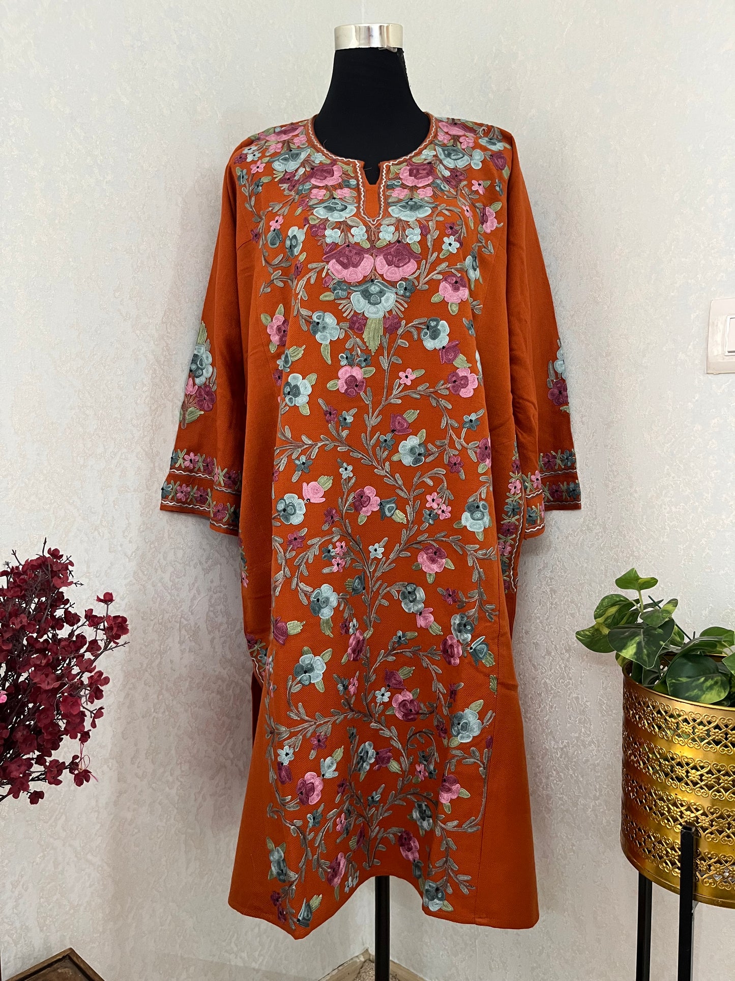Orange Aari Embroidered Wool Pheran