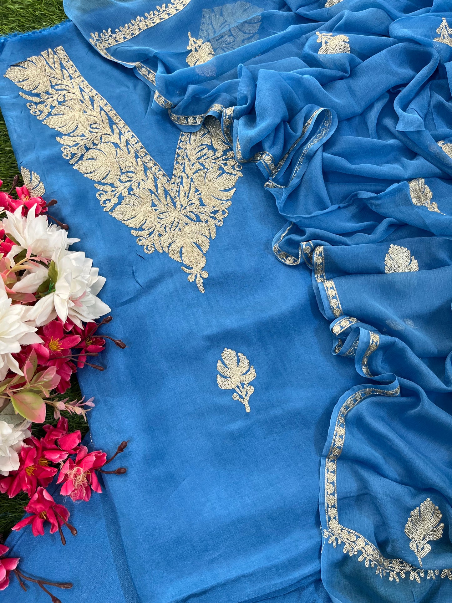 Indigo Blue Silk Tilla Kashmiri Suit