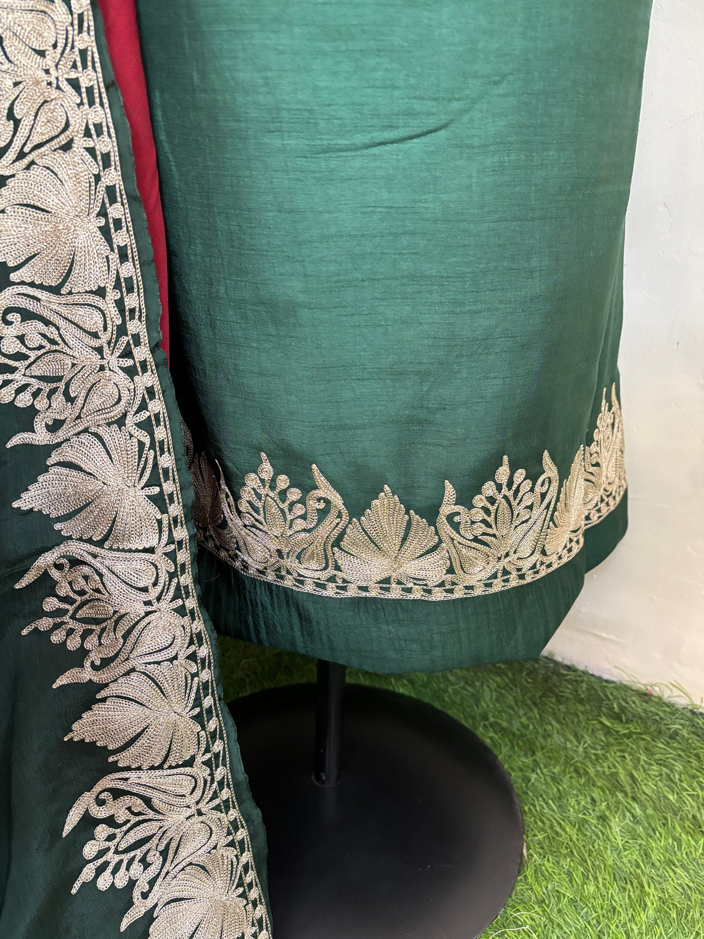 Sanam Bottle Green Silk Kashmiri Suit