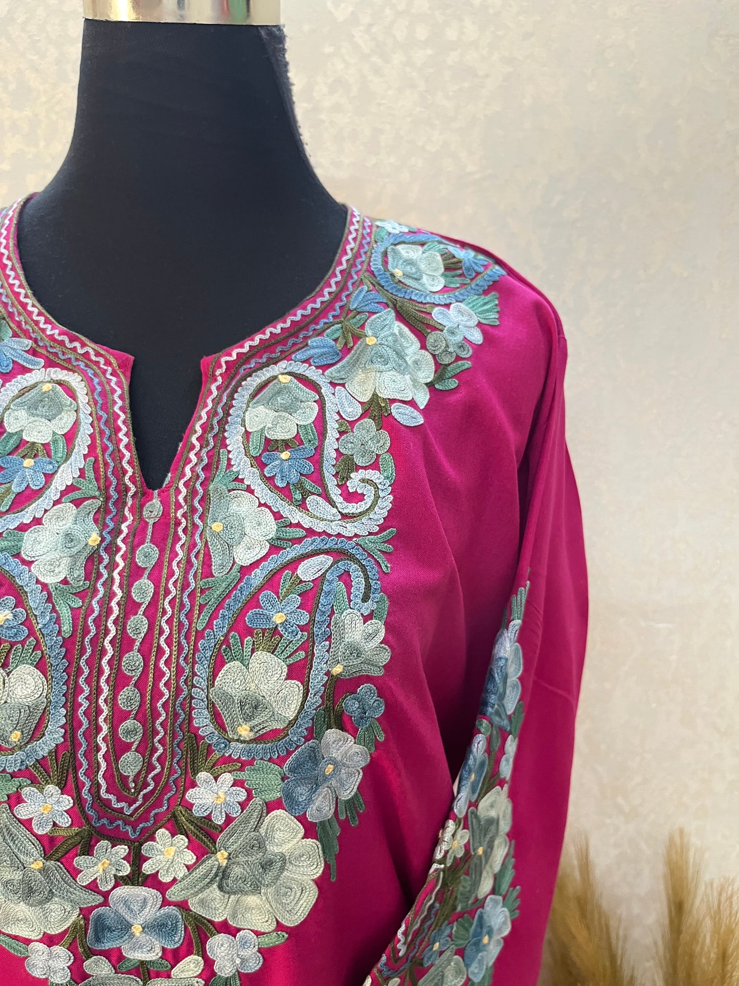 Hot Pink Cotton Aari Work Kurta