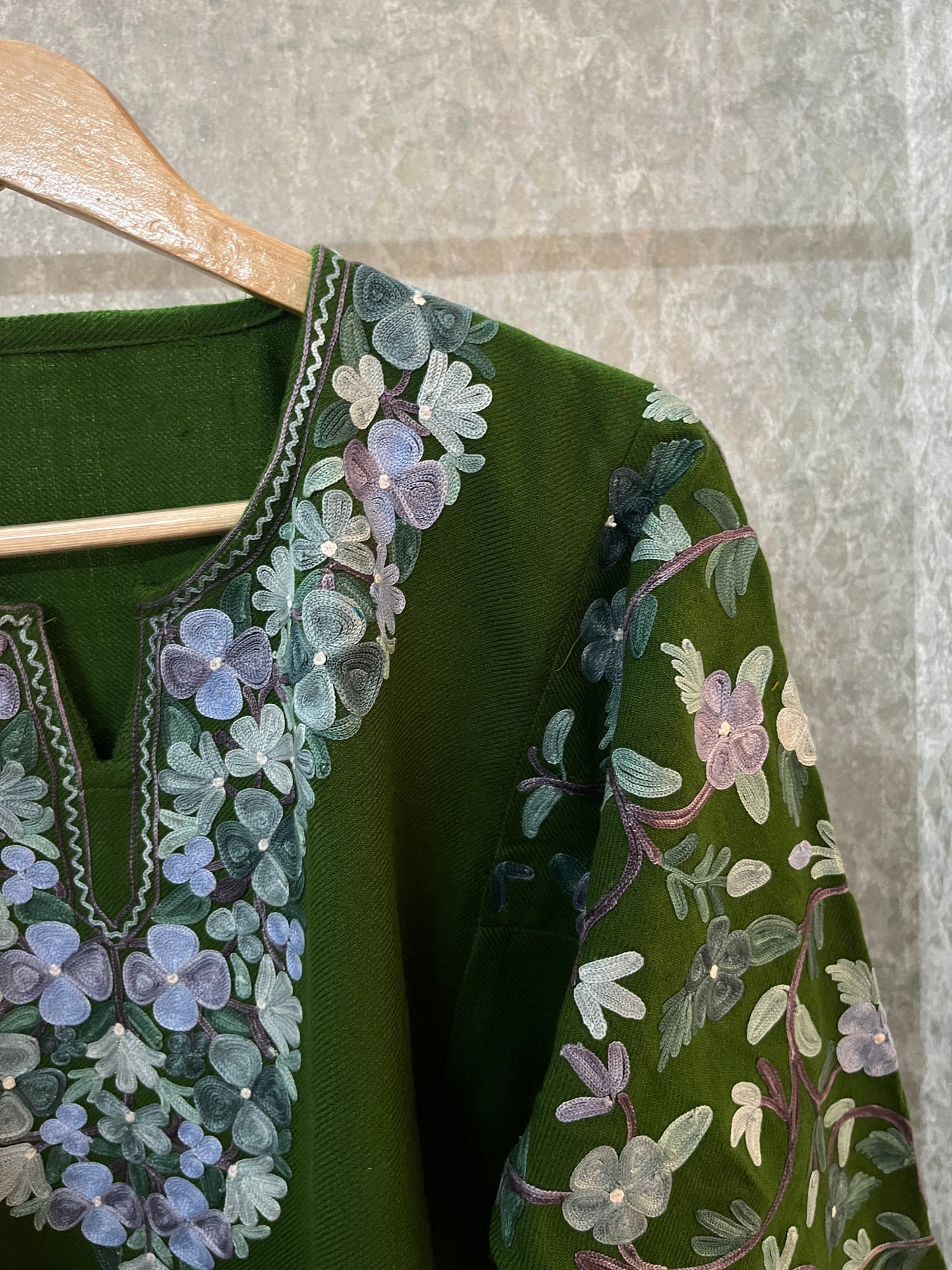 Henna Green Aari Embroidered Wool Pheran