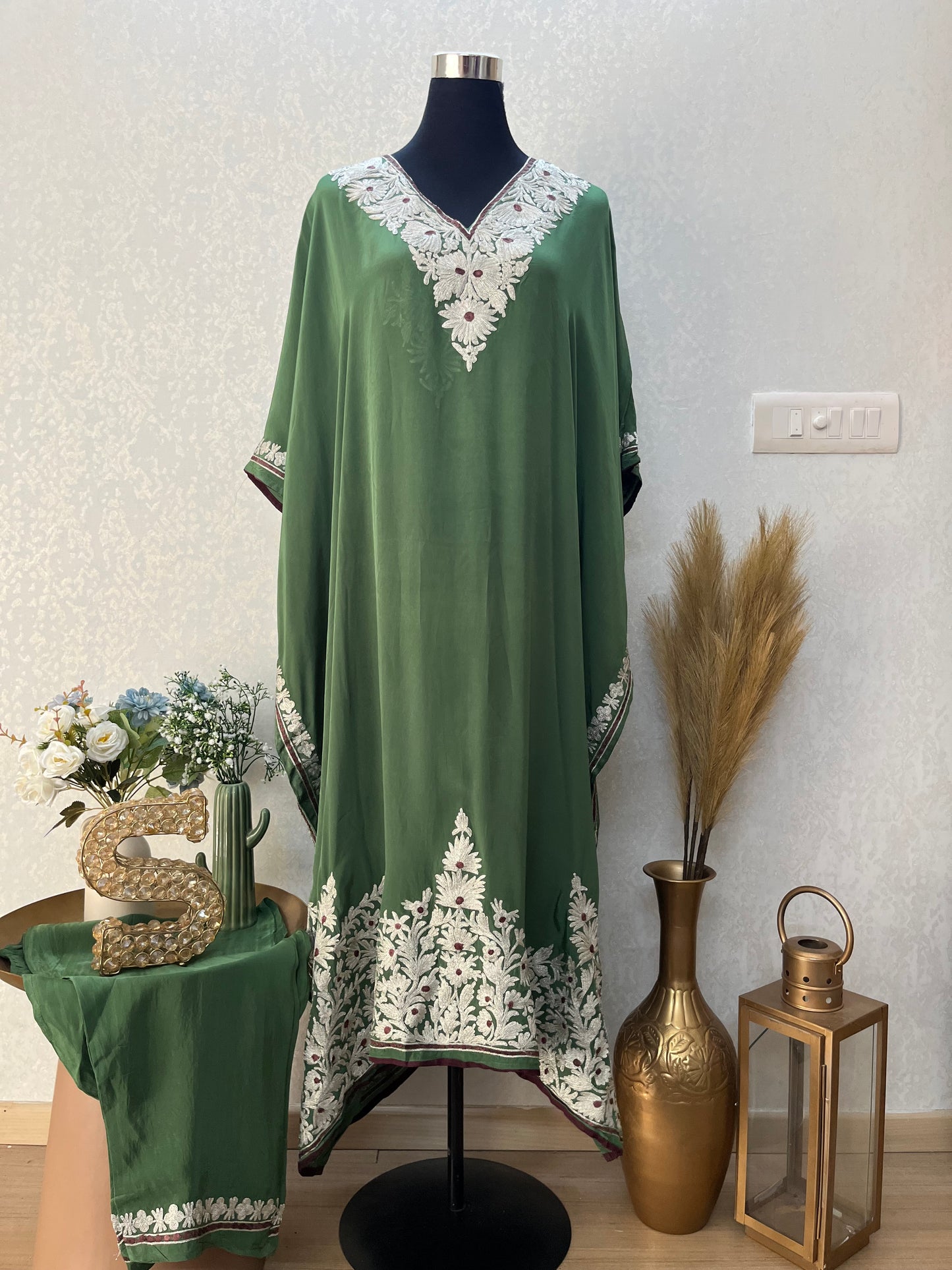 Green Crape Kashmiri Kaftan Set