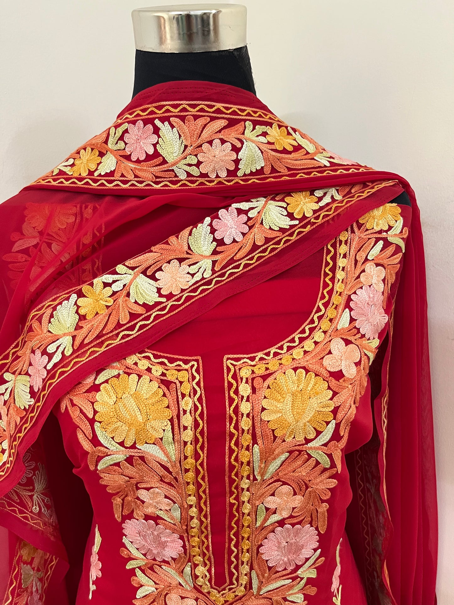 Red Georgette 3 Pc Aari Embroidered Suit Set