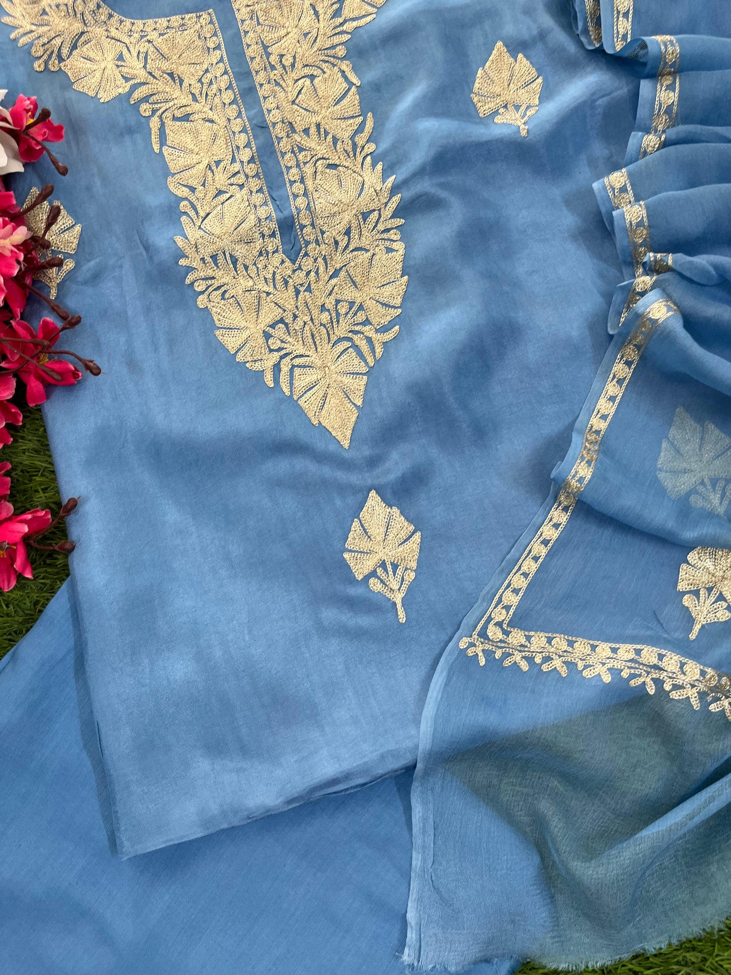 Soft Blue Silk Tilla Kashmiri Suit