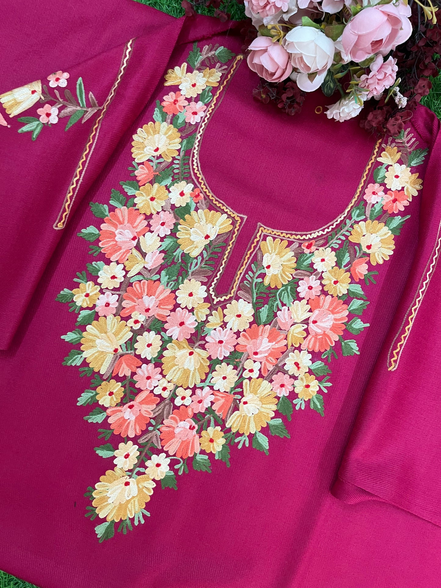 Hot Pink Woollen Aari Embroidered 2pc suit 5mtr