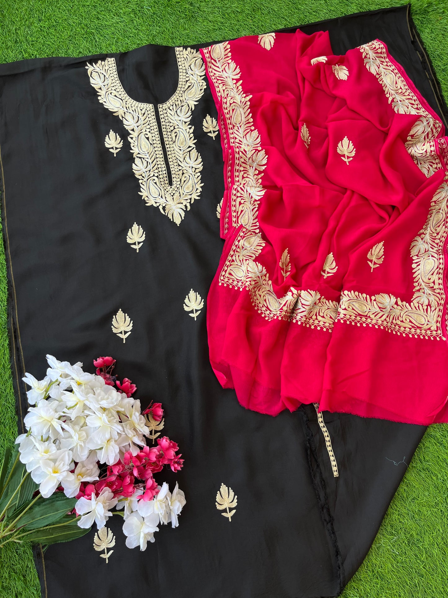 ‘Kalaa’ Black Opada Silk Tilla Embroidered Suit material (On Order )