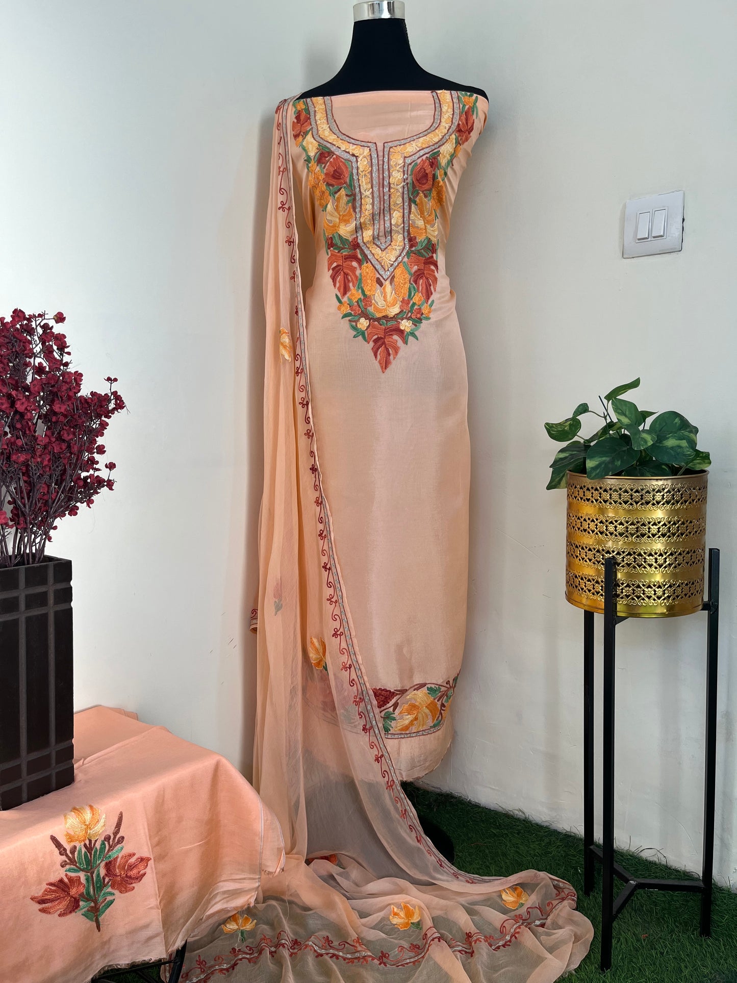 Peach Opada Silk Aari Embroidered Suit material