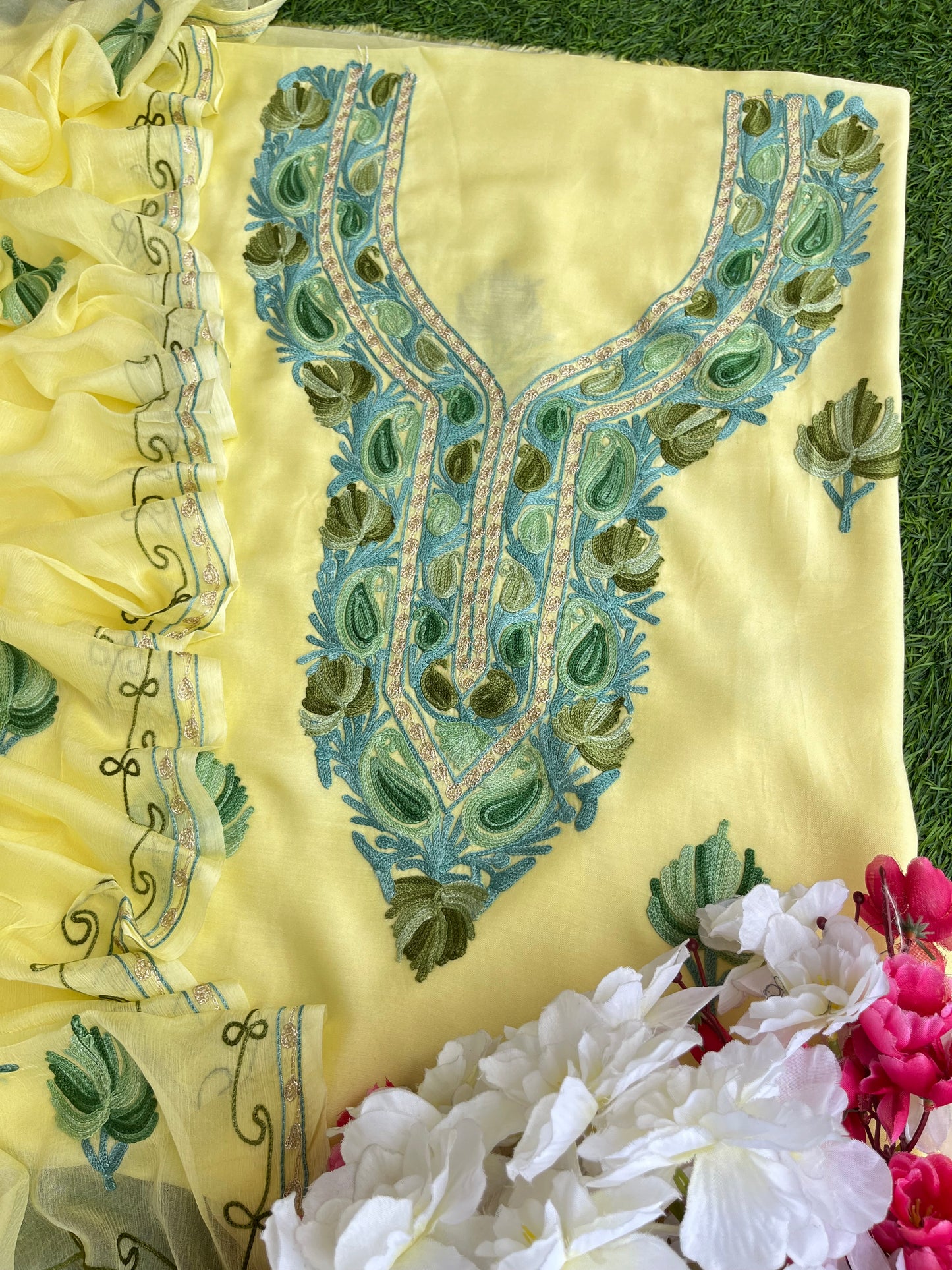 Lemon Yellow Muslin Cotton Aari Embroidered 3pc set
