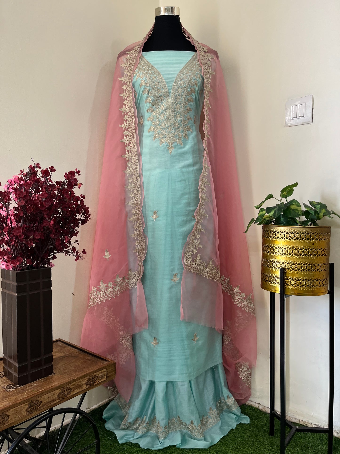 Sky Blue Chanderi Silk Kashmiri Suit