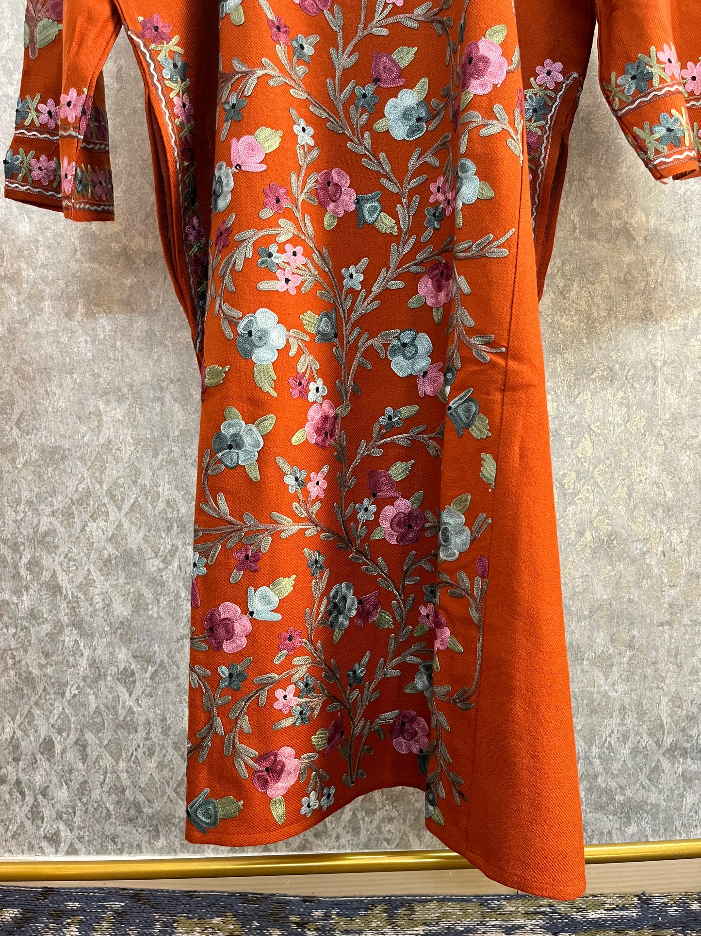 Orange Aari Embroidered Wool Pheran