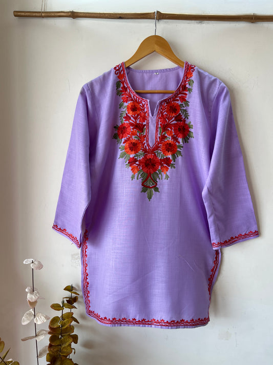 Lavender Cotton Aari Work Kurti