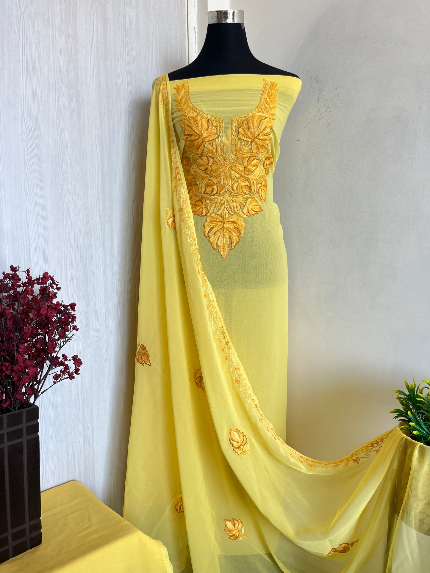 Georgette Yellow 3 Pc Aari Embroidered Suit Set