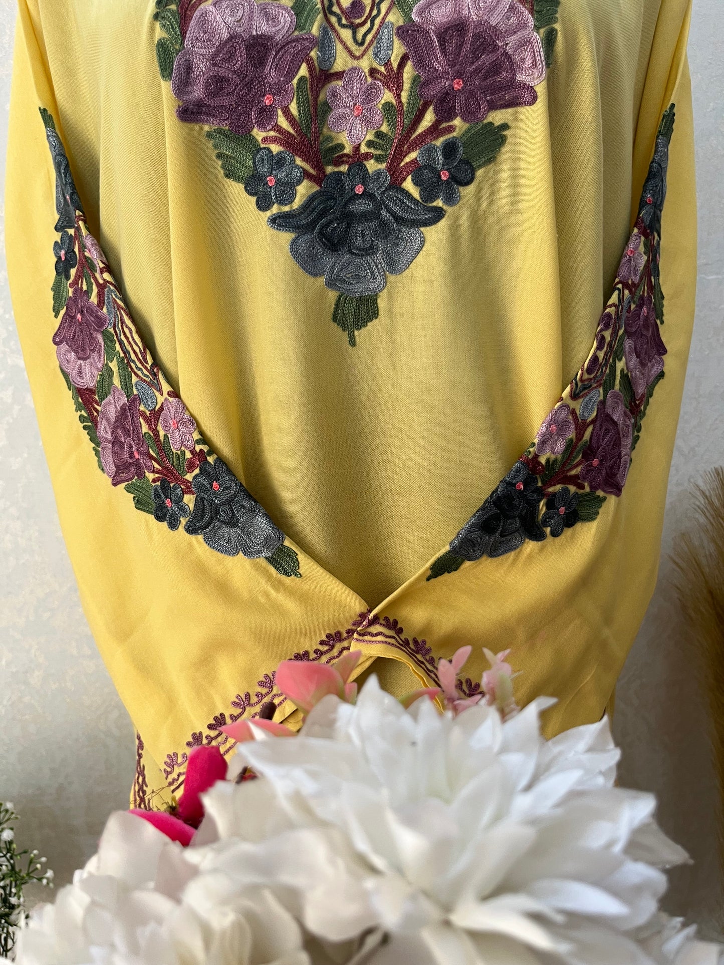 Yellow Cotton Aari Work Kurta