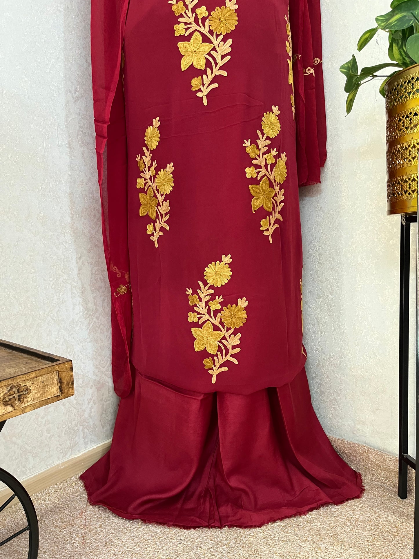 Maroon  Pure Georgette Aari Embroidered Suit