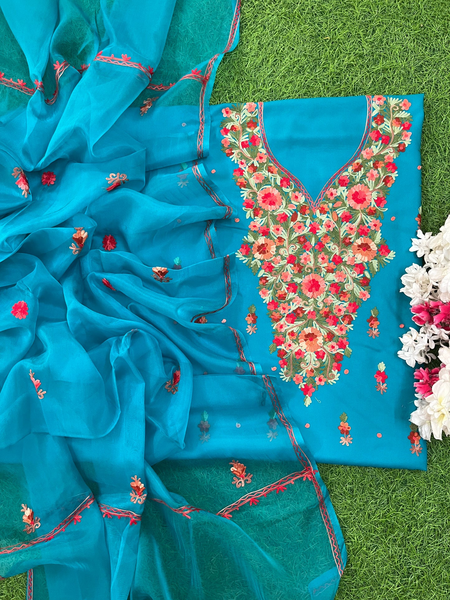 Peacock Blue  Cotton Organza Dupatta Kashmiri 3pc set