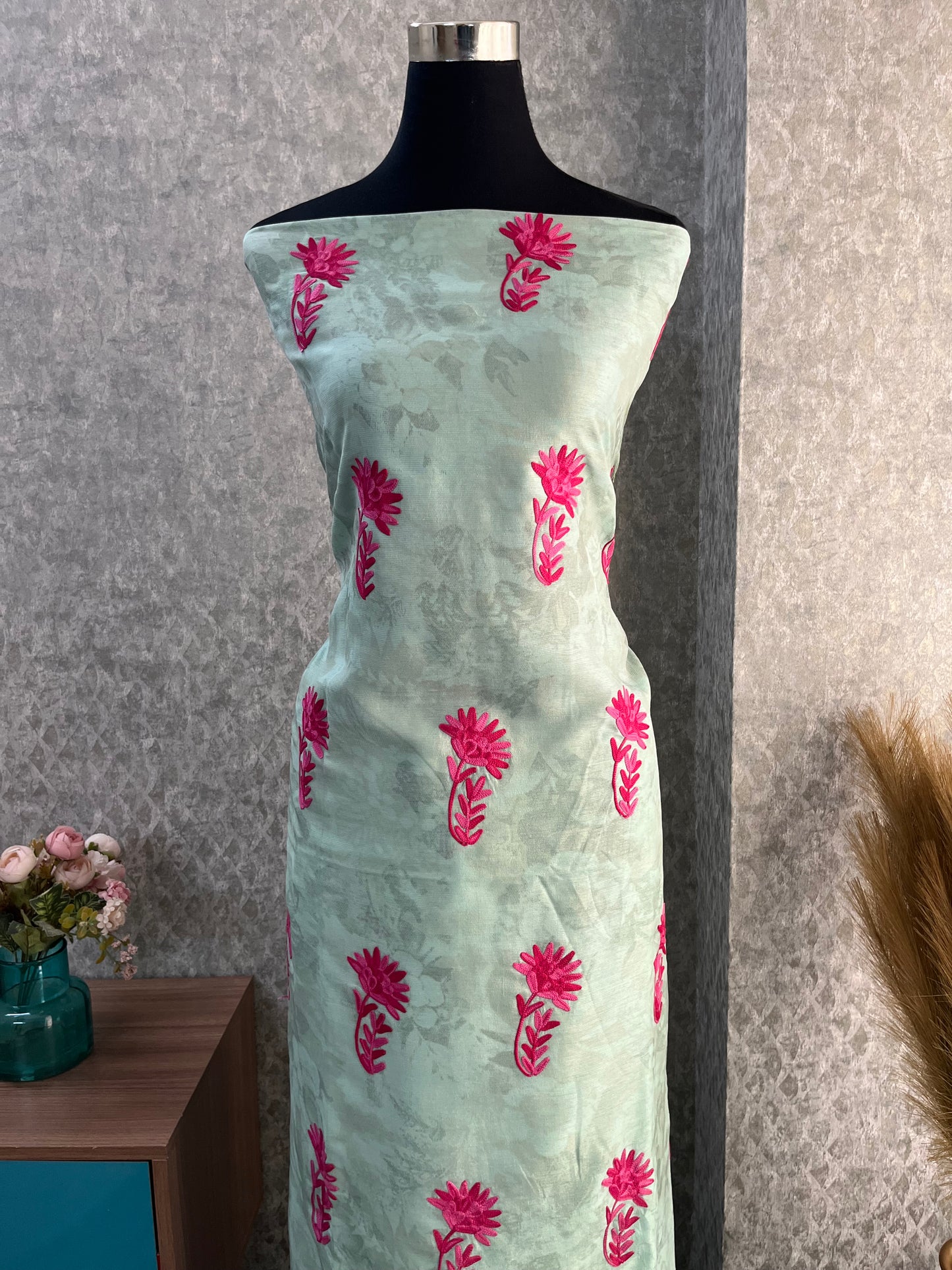 Mint Green Self Work Satin Cotton Unstitched Co-ord Set