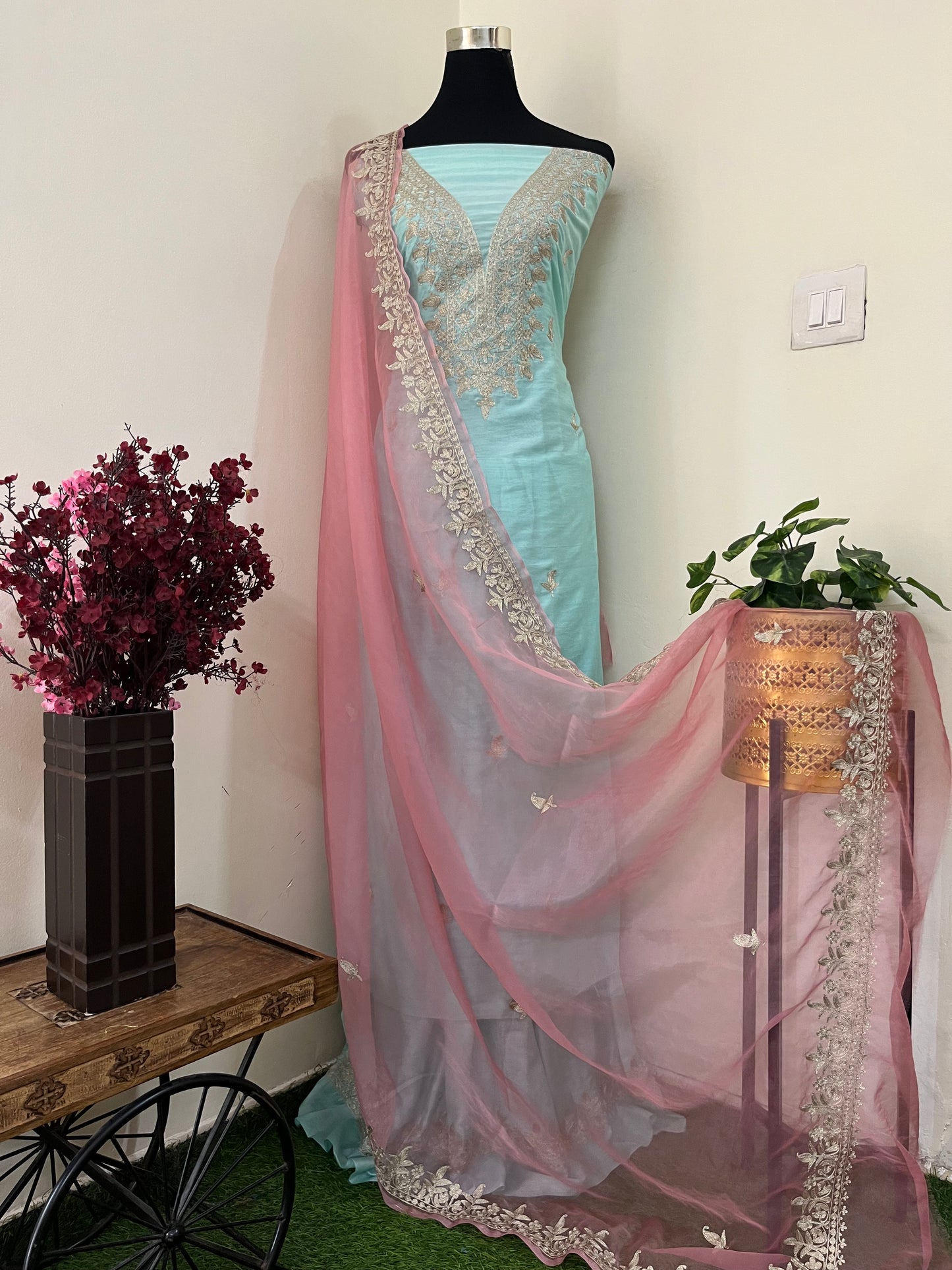 Sky Blue Chanderi Silk Kashmiri Suit