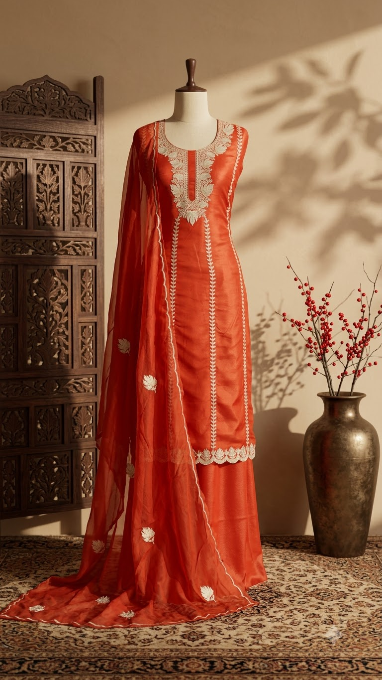 Orange Sanam’ Silk Tilla Kashmiri Suit