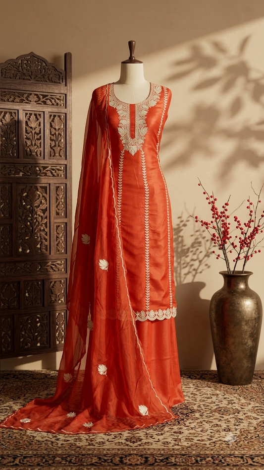 Orange Sanam’ Silk Tilla Kashmiri Suit