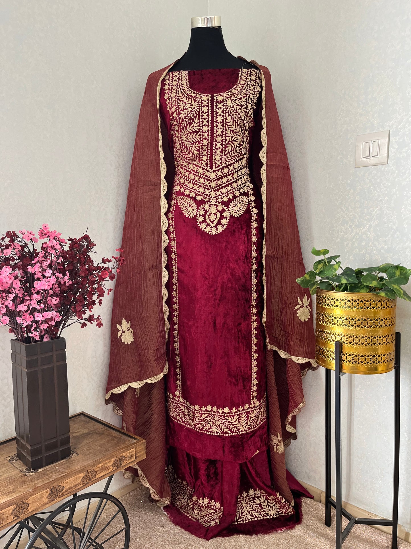 Maroon Tilla Pure Makhmal 3pc Suit