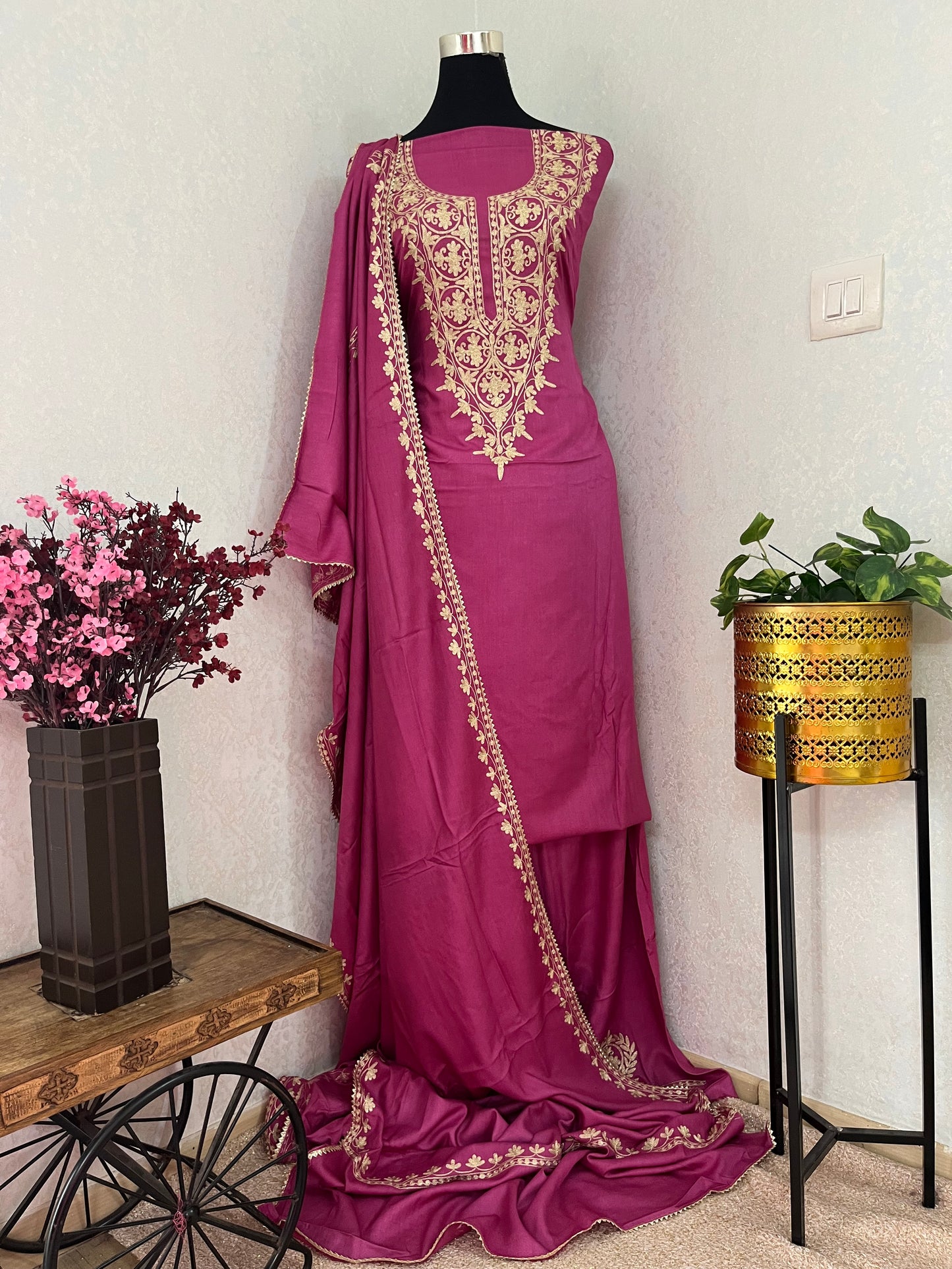 Hot Pink Silk Pashmina Kashmiri Suit