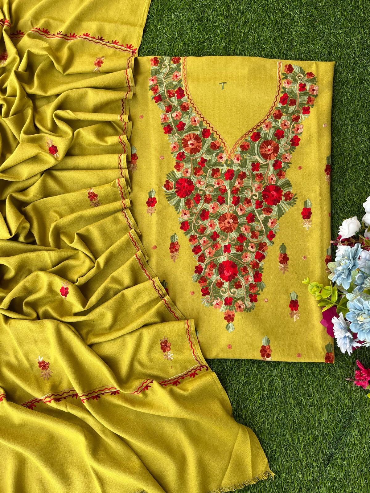 Lime Green Woollen Aari Embroidered 3pc suit