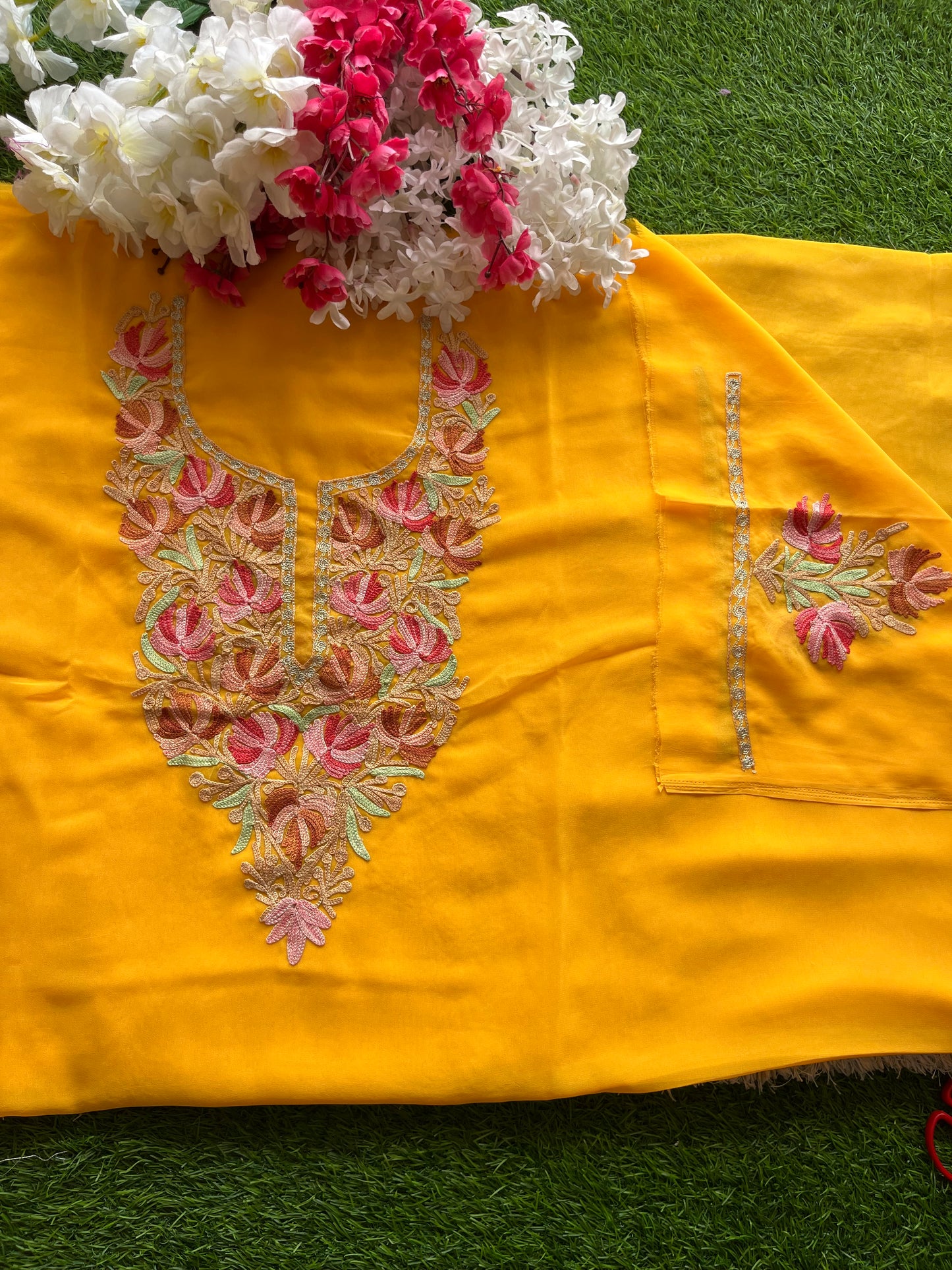 Yellow Georgette Aari Embroidered Unstitched Kurta Material