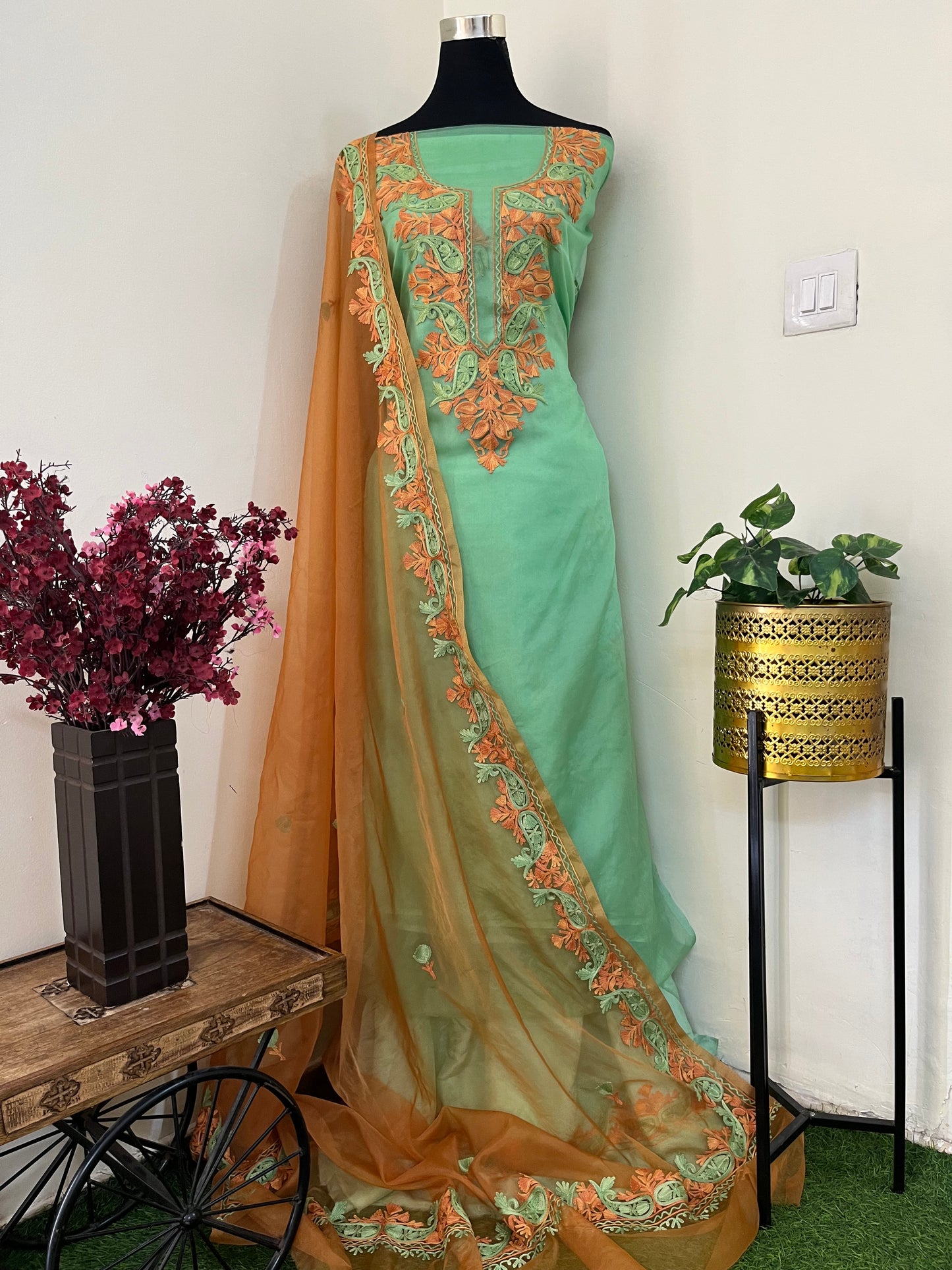 Soft Green Soft Tissue Kashmiri Suit
