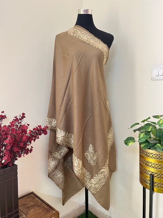 Beige Fine Semi Pashmina Tilla Embroidered stole