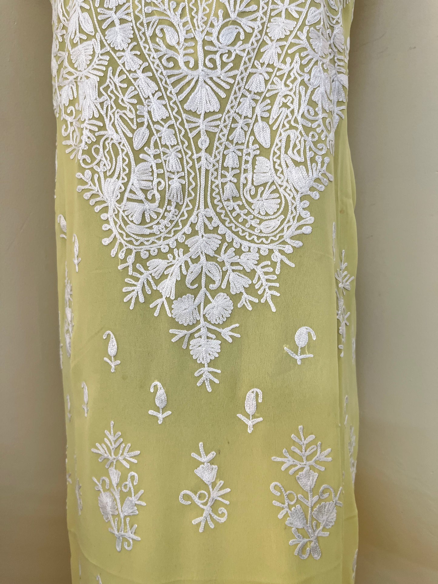Lemon Yellow Georgette Kashmiri Unstitched Kurta Material