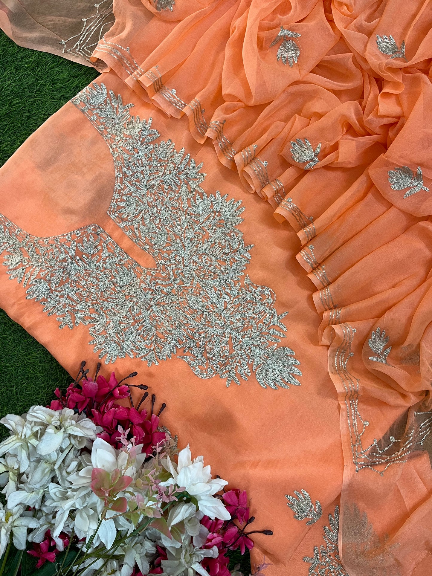 Peach Pink Silk Tilla Kashmiri Suit