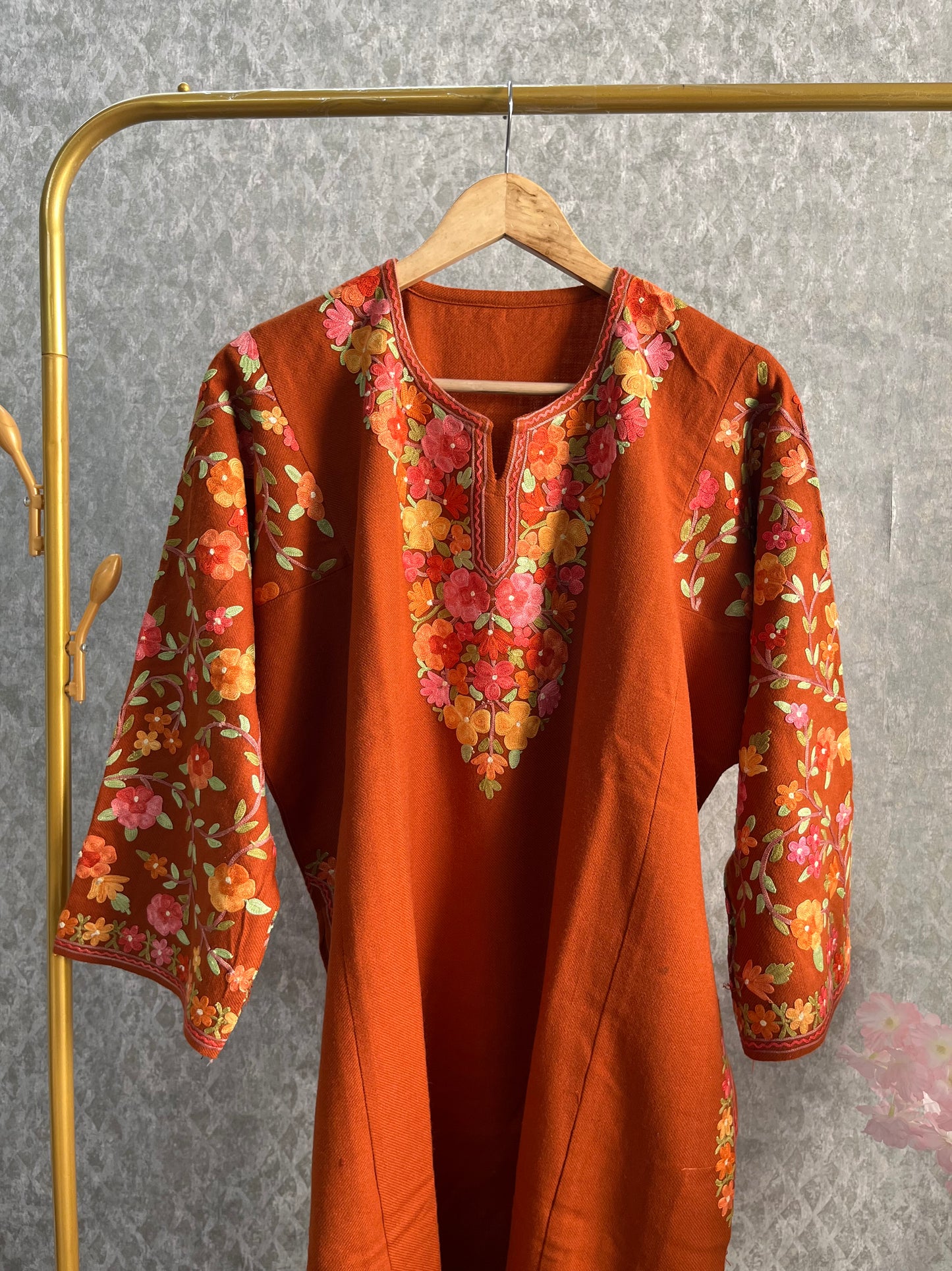 Orange Aari Embroidered Wool Pheran