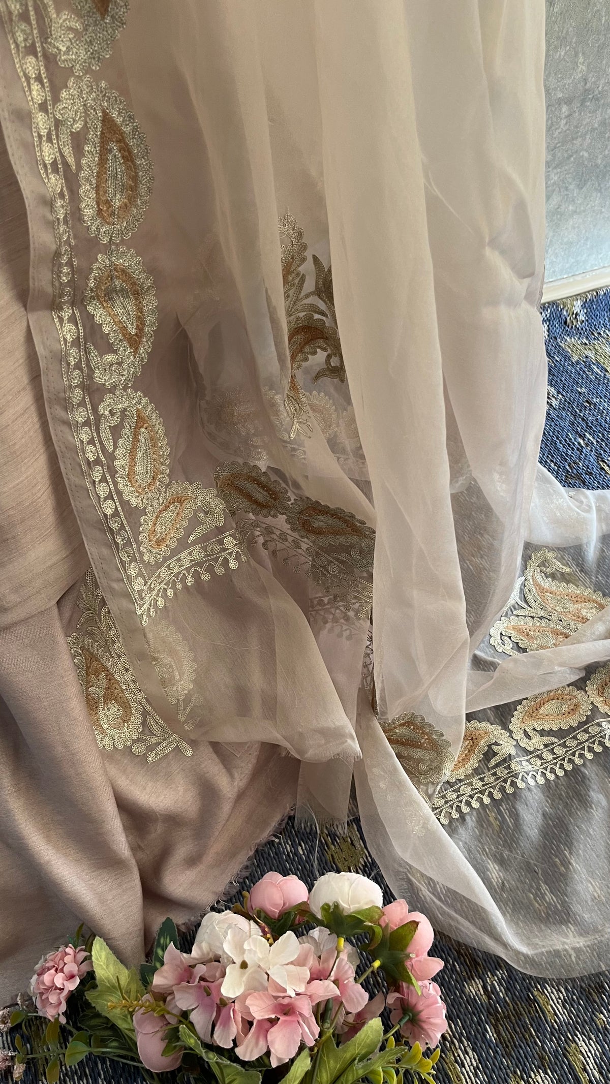 Beige Silk Kashmiri Suit