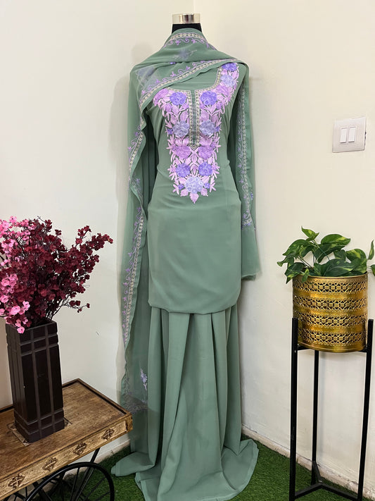Green Georgette 3 Pc Aari Embroidered Suit Set