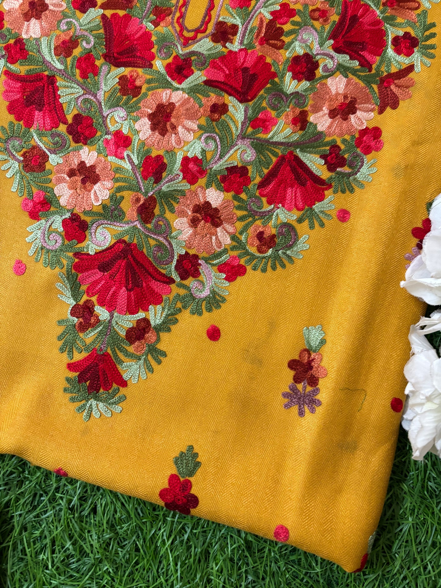 Golden Yellow Woollen Aari Embroidered 3pc suit